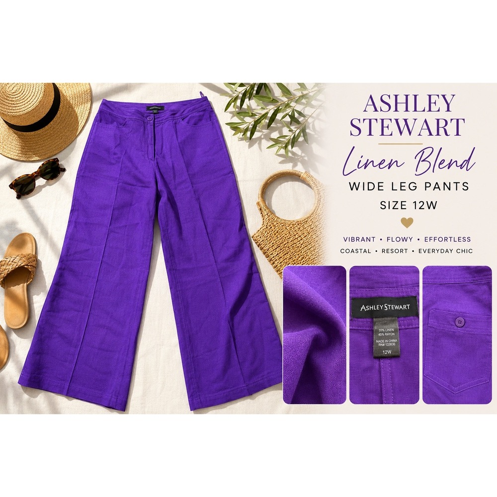 Ashley‎ Stewart Purple Linen Blend Wide Leg Pants 12W Coastal Resort